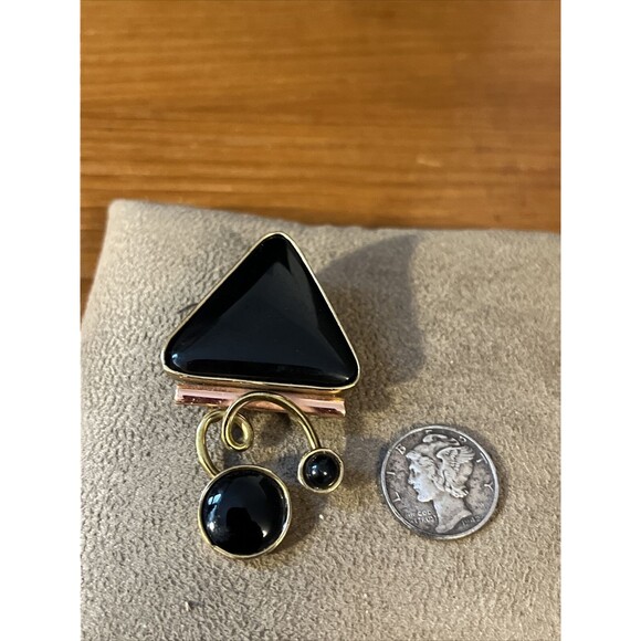 Vintage  Mid century Modern brooch pin Pendant Atomic Style gold tone Faux Onyx - Picture 5 of 7